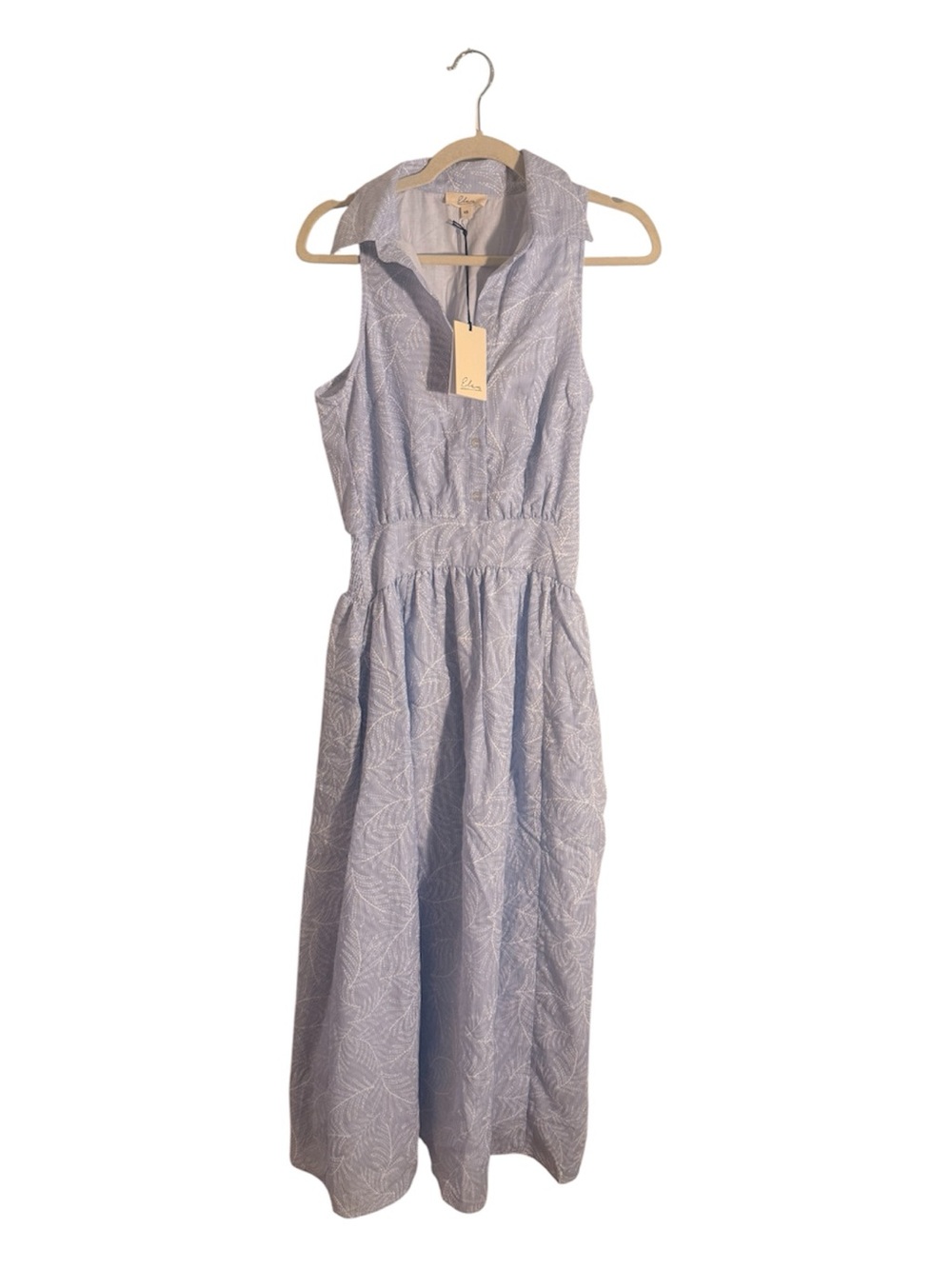 NWT Sleeveless Light Blue Leaf-Print Maxi Dress in XS